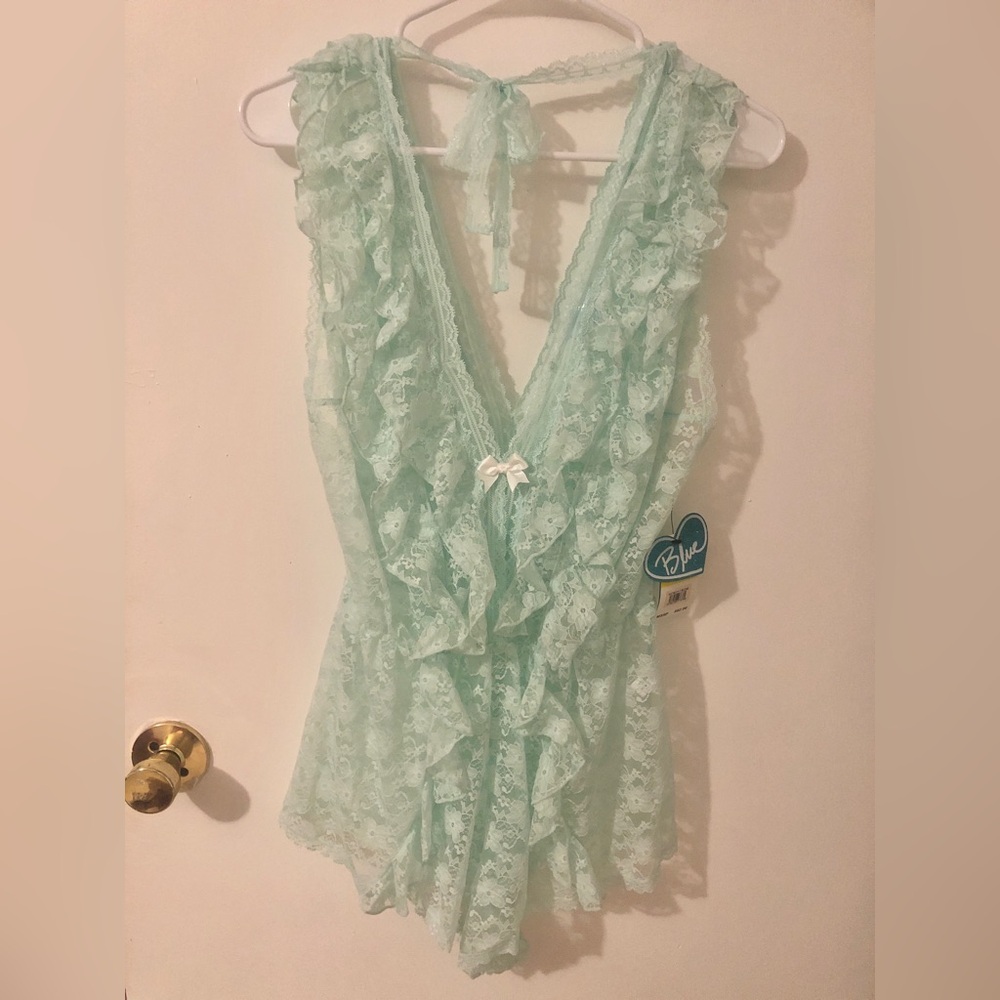 NWT Betsey Johnson Mint Green Lace Ruffle Sheer Teddy Romper